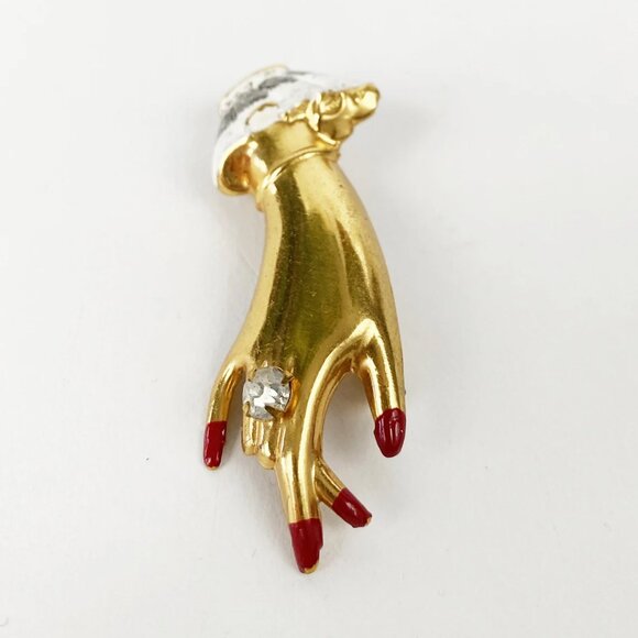 1950s Vintage Victorian Revival Figural Hand Hand-Painted Gold Brooch - Picture 3 of 4